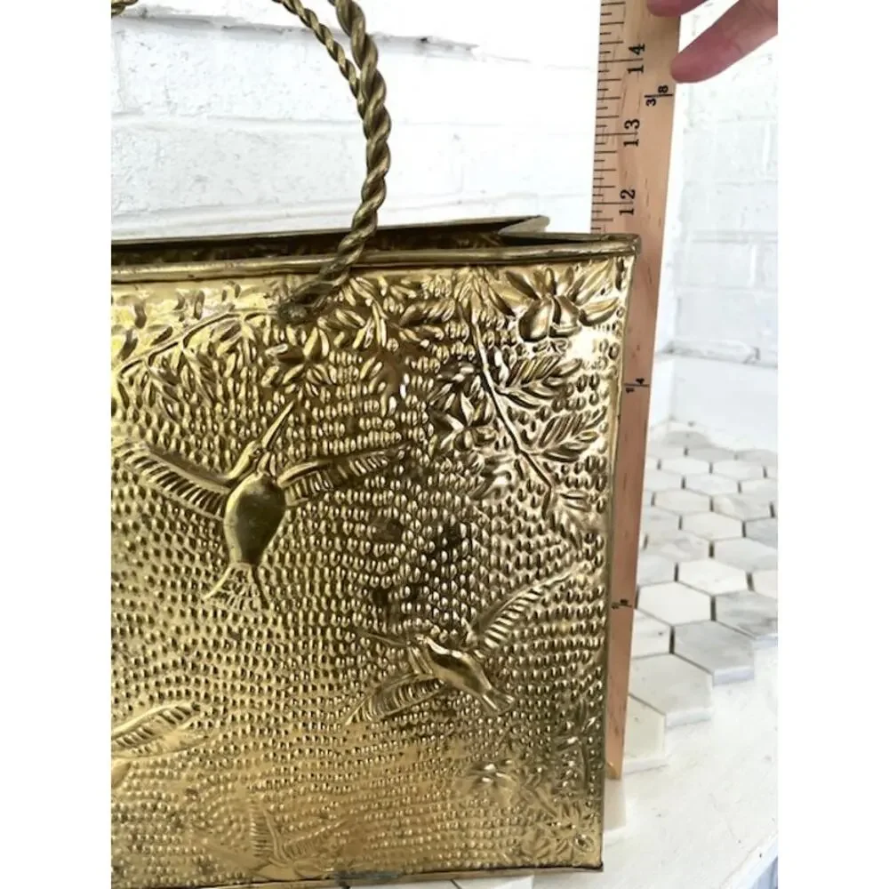 Vintage Embossed Brass Magazine Rack Hummingbird Floral Twisted Handles